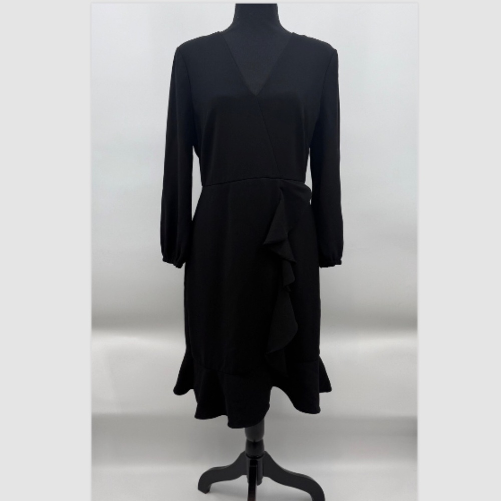 J Crew Dress Women 8 Black Ruffle 3/4 Sleeve Office Career V Neck A Line Evening
